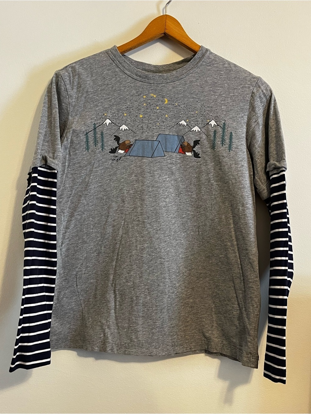 Hanna Andersson Layered Camping Moose Graphic Tee Striped Long Sleeve Youth 14